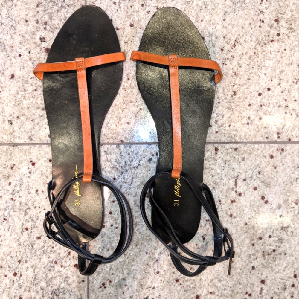 3.1 Phillip Lim Flat Tan&Black Leather Sandals Sz9